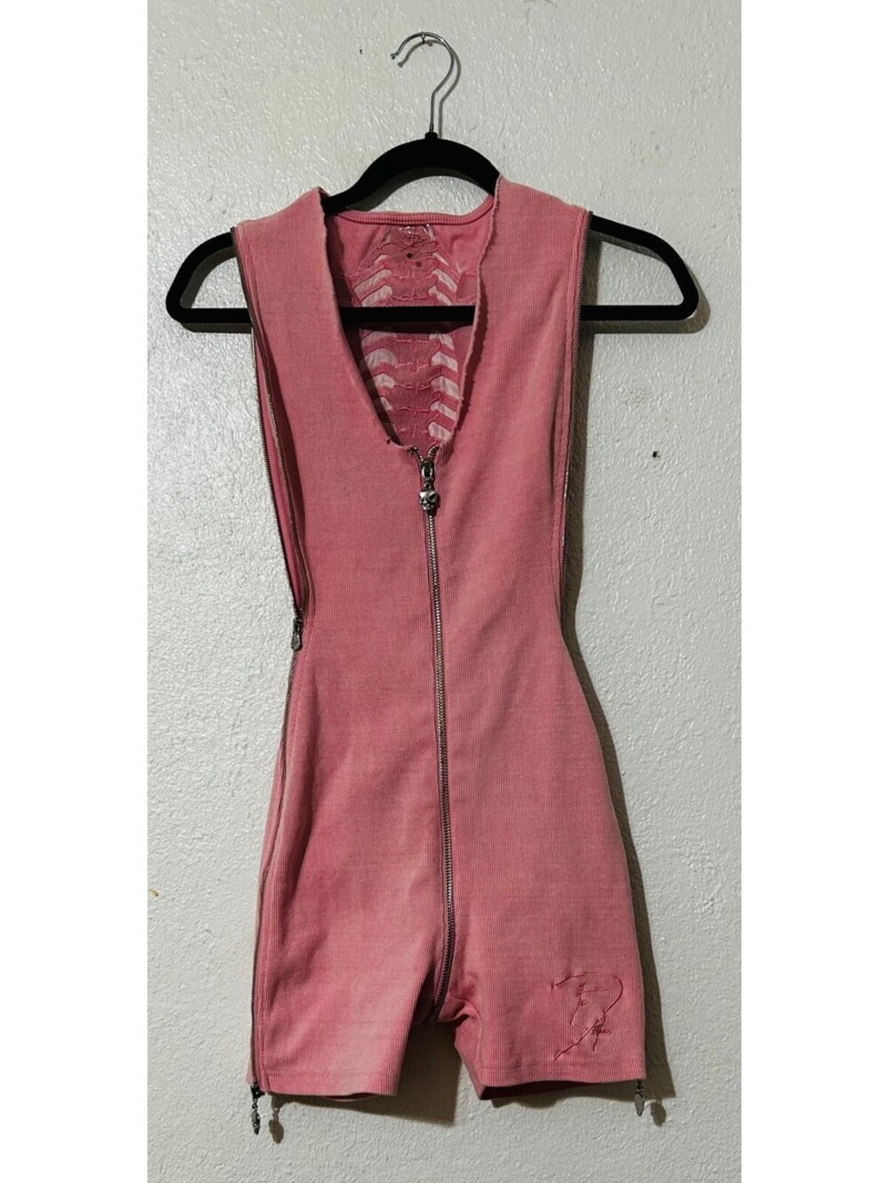 Pink Ribbed Zip Romper Embroidered Skeleton Spine Back Skull Zipper Y2K Goth XS